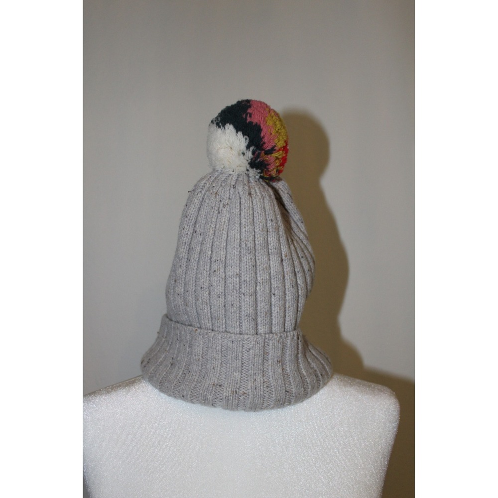 Madewell Gray Donegal Ribbed Knit Beanie Multi Color Pom Pom Hat